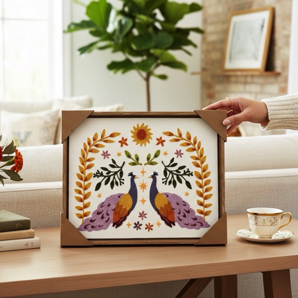 Latin Folk Art Inspired Embroidered Wall Art 12x15 Framed Textile Modern Boho